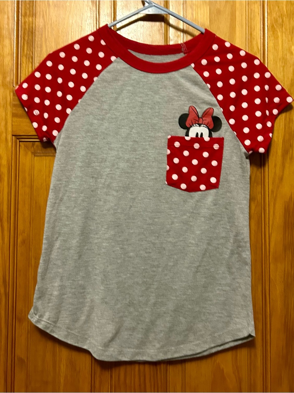 Disney Gray Tee with Red Polka Dot Raglan Sleeves and Minnie Pocket Peeking
